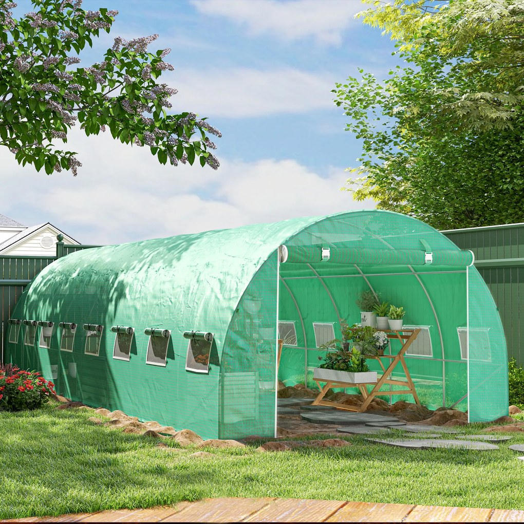Outsunny Seră de grădină tunel 24m² 8L x 3l x 2H m - 16 ferestre, Ușă înfășurabilă oțel galvanizat, folie PE, Verde | Aosom Romania