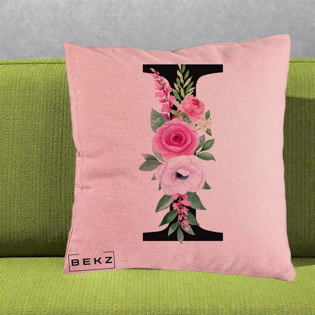 Cadou Personalizat - Perna Personalizata Monograma Florala Litera I, 40x40 cm, Roz, Husa Detasabila, Perna Inclusa, BEKZ®