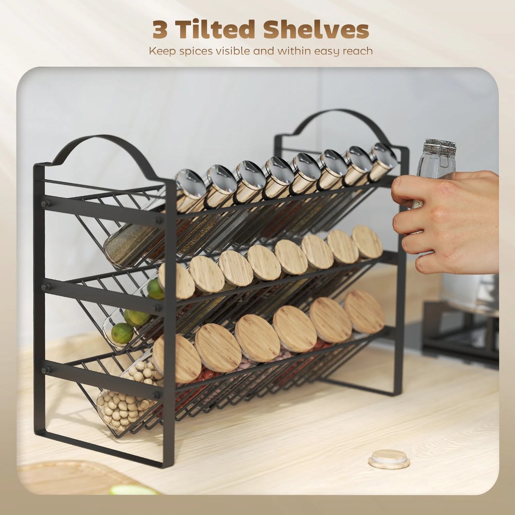 HOMCOM Suport pentru Condimente de Bucătărie cu 3 Nivele, Organizator Salvaspațiu cu Rafturi Înclinate din Metal, Montaj Ușor, Negru | Aosom Romania