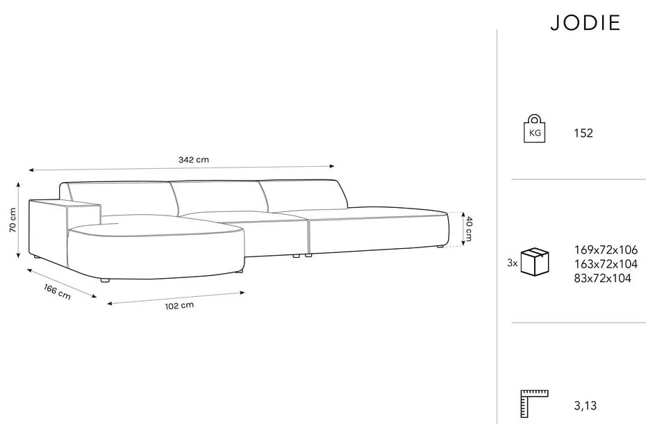 Colțar verde cu tapițerie din catifea (cu șezlong pe partea stângă ) Jodie - Micadoni Home