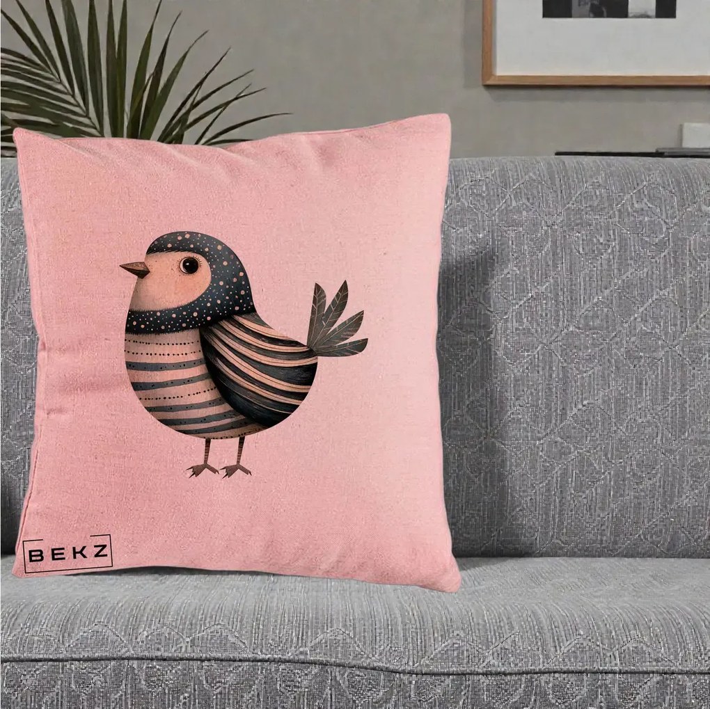 Perna Decorativa Pasare Teal Decorativa Dungata, 40x40 cm, Roz, Husa Detasabila, Perna Inclusa, BEKZ®