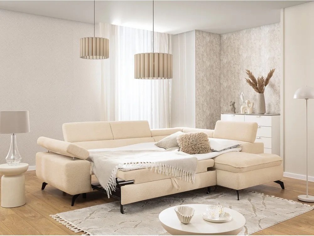 Colțar crem cu tapițerie din chenille (cu colț pe partea dreaptă/în formă de ”L”) Marbeya – Ropez