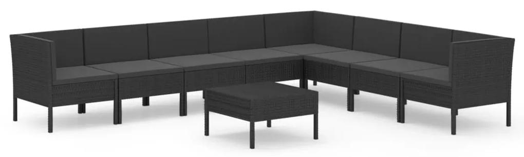 Set mobilier de gradina cu perne, 9 piese, negru, poliratan 3x colt + 5x mijloc + masa, 1