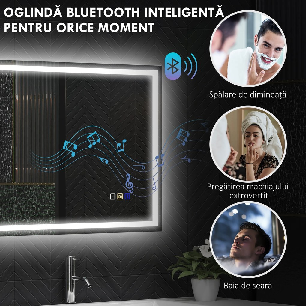 HOMCOM Oglindă Baie Antiaburire cu Lumină LED și Difuzor Bluetooth 50x70 cm | Aosom Romania