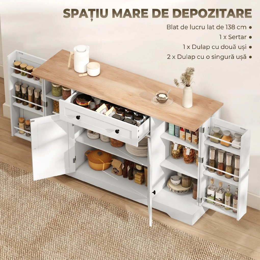 HOMCOM Servantă Bucătărie Modernă cu Sertar și 4 Uși, Dulap Bucătărie cu Rafturi Reglabile, 6 Suporturi pentru Condimente, 138x40x83,5 cm, Alb | Aosom Romania