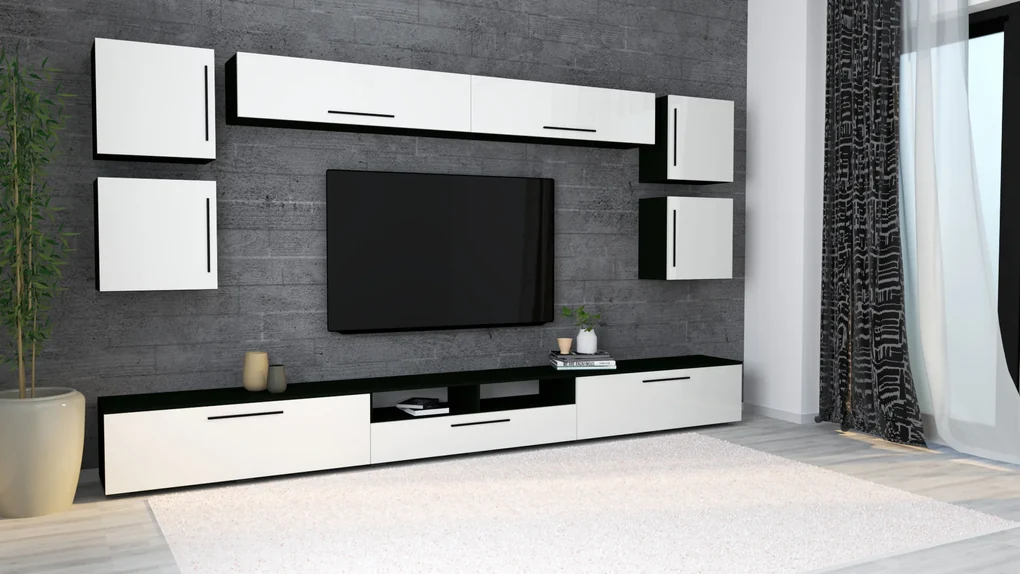 Living haaus Haga V3, Alb Lucios/Negru, MDF, L 360 cm