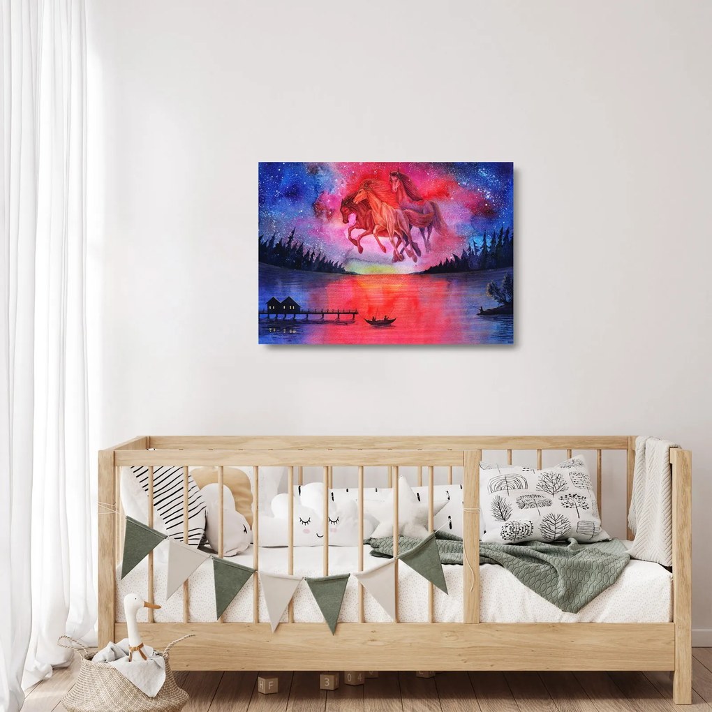 Tablou pe sticlă - Apariția cailor spațiali peste lac, acuarelă (70x50 cm)