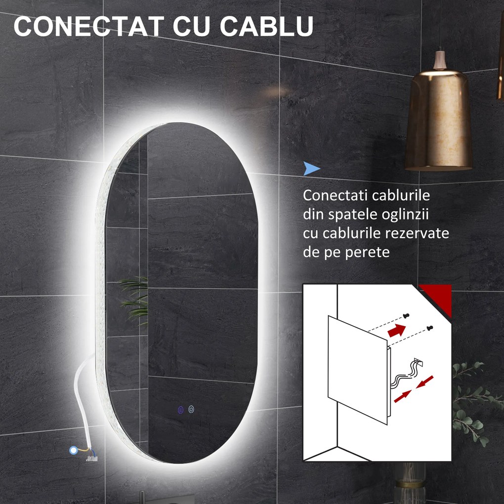 kleankin Oglindă de Perete cu Lumină LED în 3 Culori și Funcție Anti-Aburire, 81x51x4.5 cm, Transparent | Aosom Romania