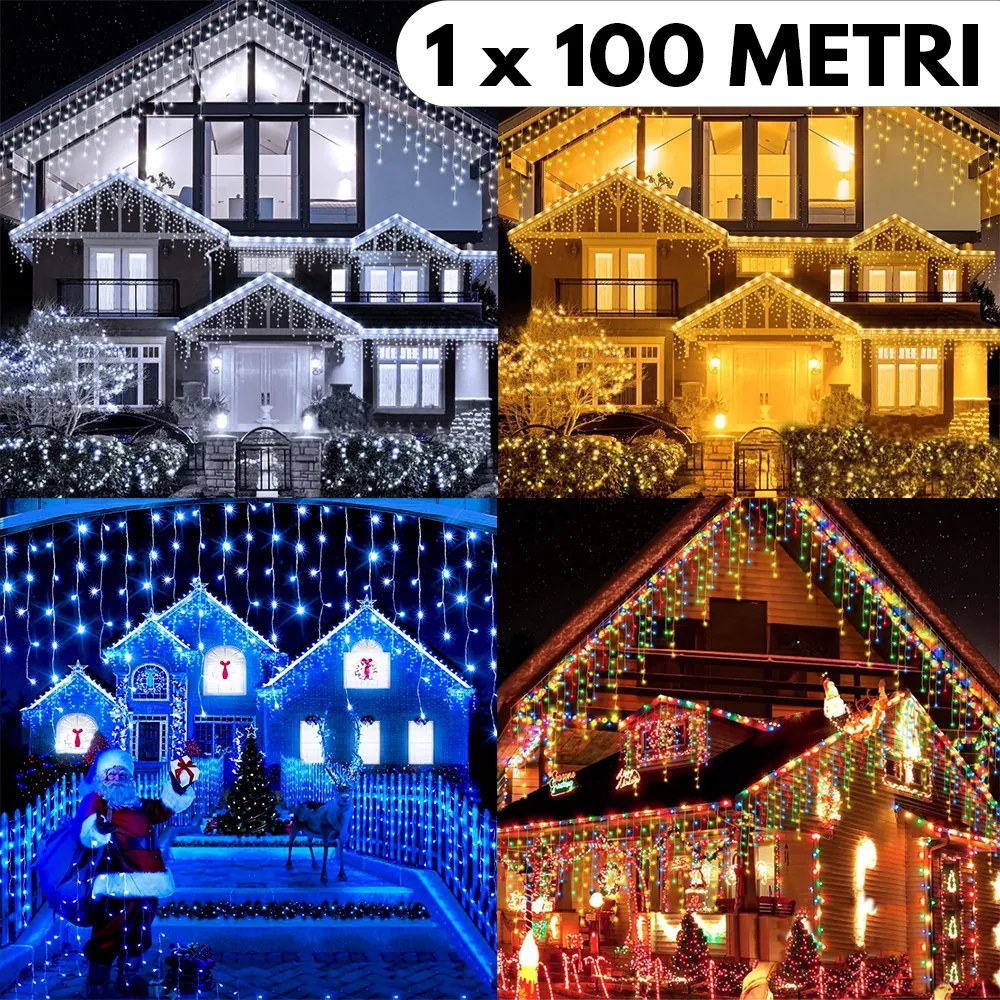 Instalație de Crăciun, 1 x 100 metri, franjuri tip țurțuri, fir gros, cu flash, exterior, 4 culori