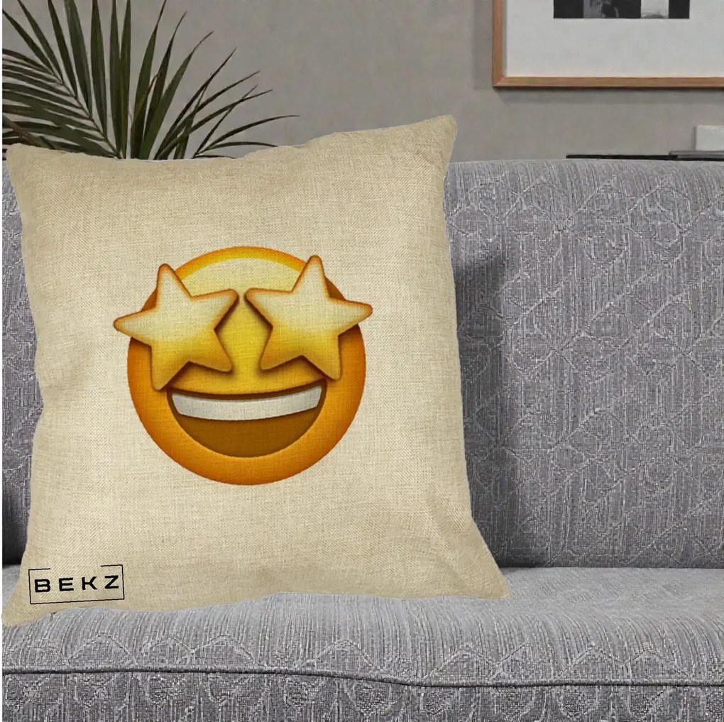 Perna Decorativa Emoji Ochi Stele, 40x40 cm, Crem, Husa Detasabila, Perna Inclusa, BEKZ®