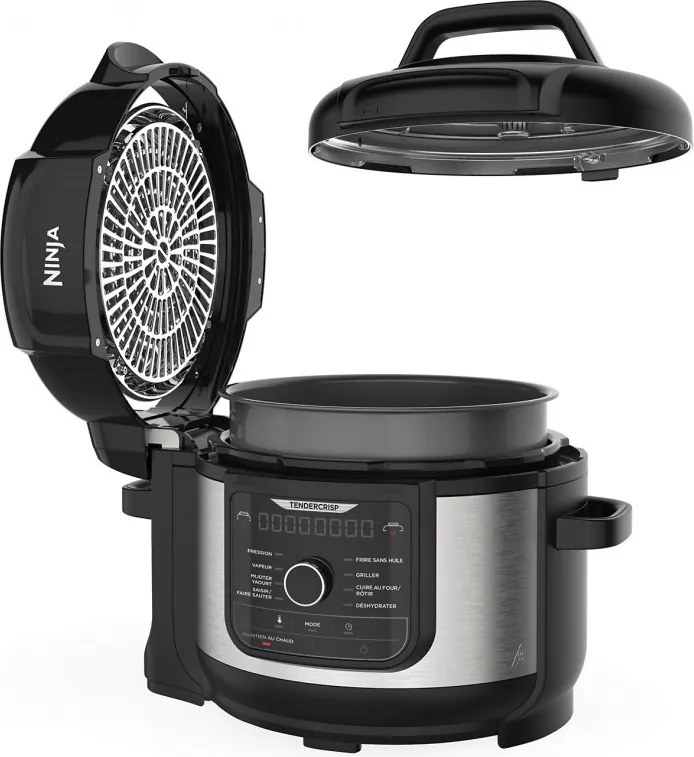 Multicooker sub presiune Ninja Foodi OP350FR, 1400 W, 6 Л, 9 programe, 40-200°C, TenderCrisp®, Acoperire ceramica, Mentinerea caldurii, Pui întreg, Negru/inoxidabil