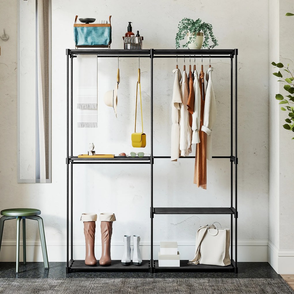 HOMCOM Dulap de Haine cu 2 Bare și 4 Rafturi, din Material Non-Țesut, Plastic și Oțel, 142x43x185 cm, Negru | Aosom Romania