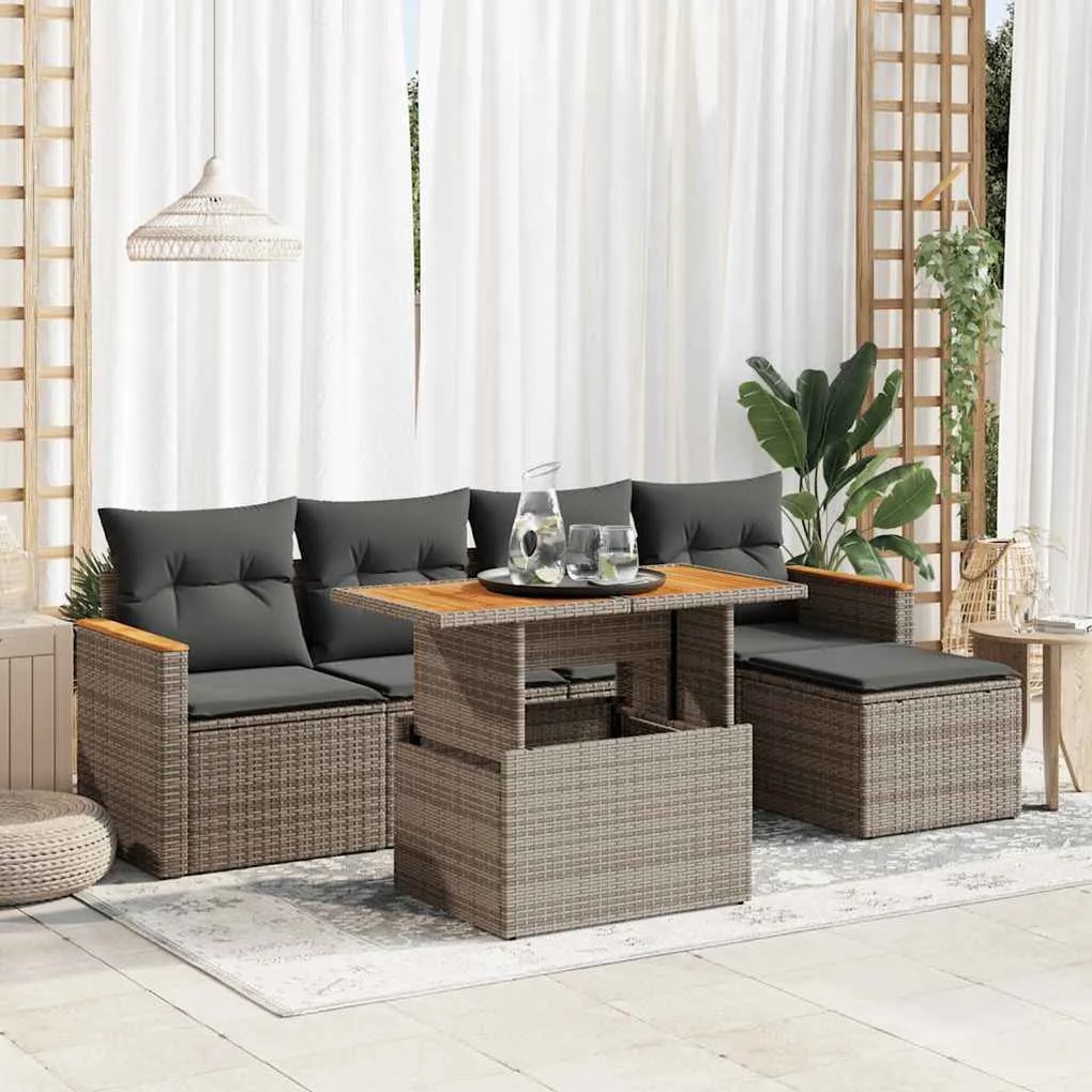 3327476 vidaXL Set mobilier grădină cu perne 6 piese gri poliratan/lemn acacia