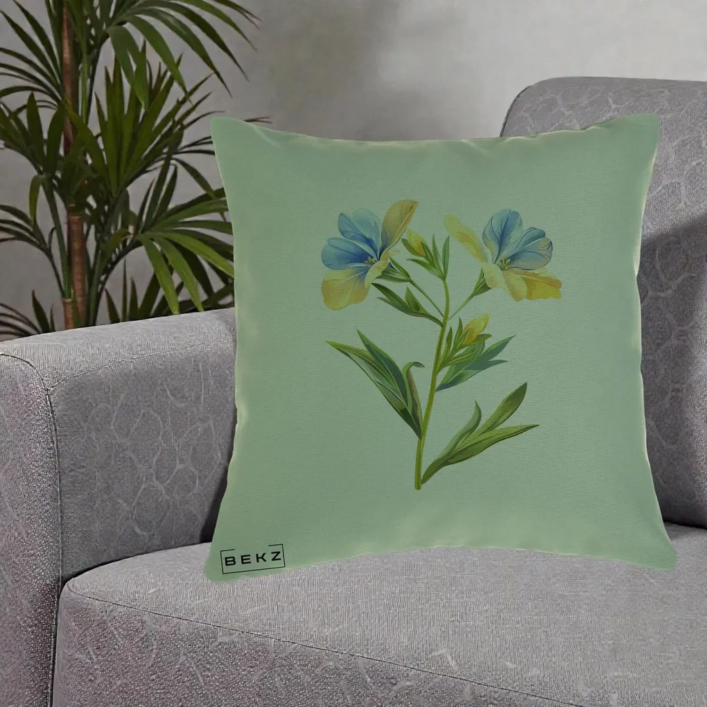 Perna Decorativa Botanica Frezie Galbena si Albastra, 40x40 cm, Verde, Husa Detasabila, Perna Inclusa, BEKZ®