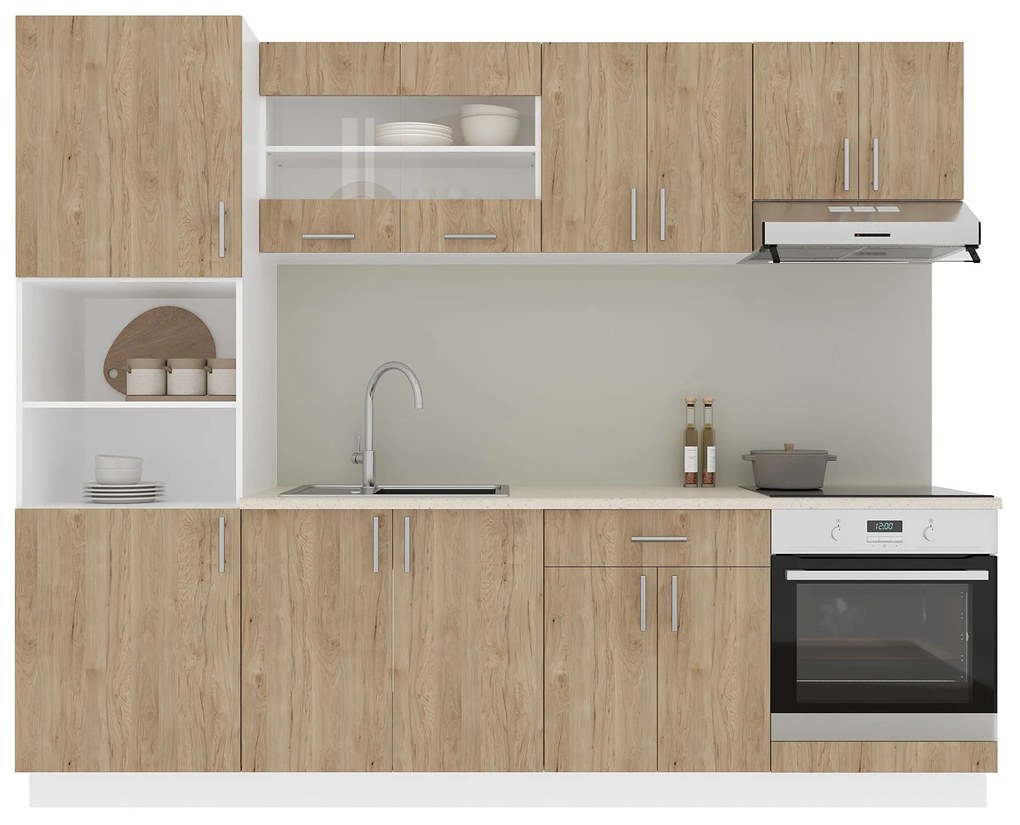 Set Bucatarie Karo V20, Lemn Natural/Alb, Blat Thermo 28 mm, L 260 cm