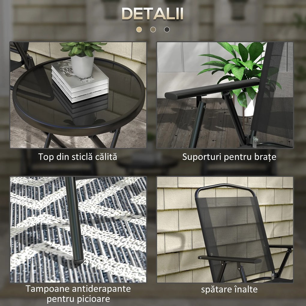 Outsunny Set de Exterior din 3 Piese cu Masă cu Blat din Sticlă și 2 Scaune Pliabile din Plasă, Ф45x50 cm, Gri Deschis | Aosom Romania