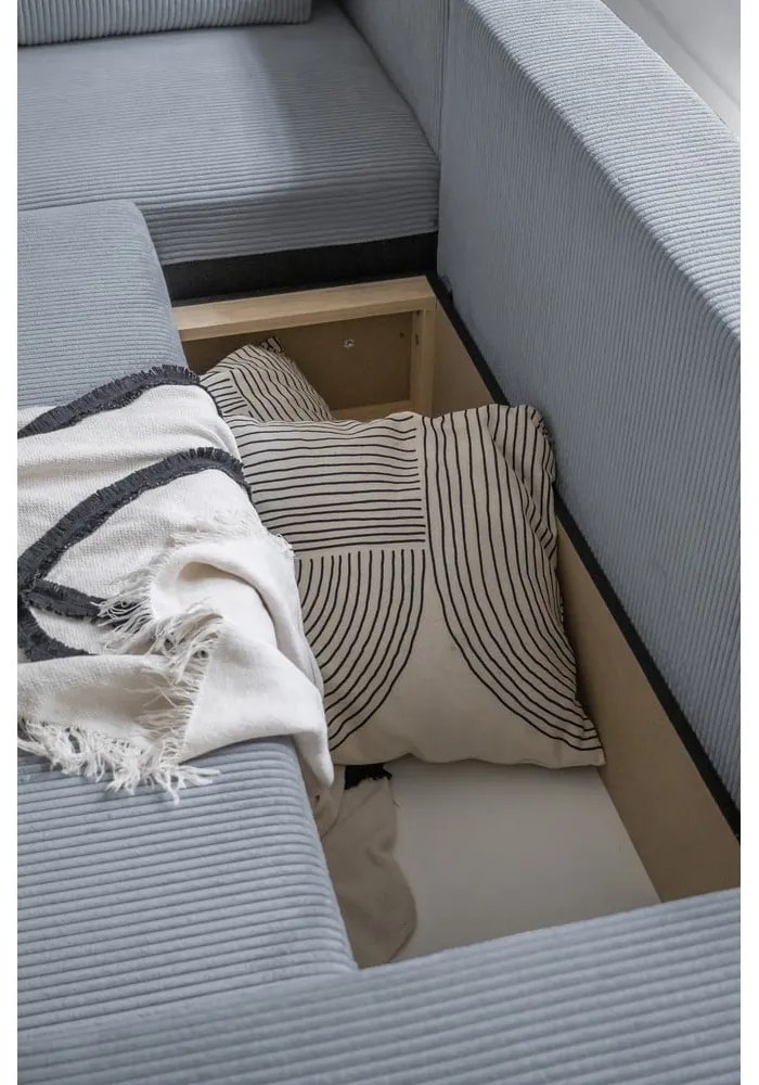 Colțar gri deschis extensibil cu tapițerie din catifea reiată (cu colț variabil) Brave Dave – Miuform