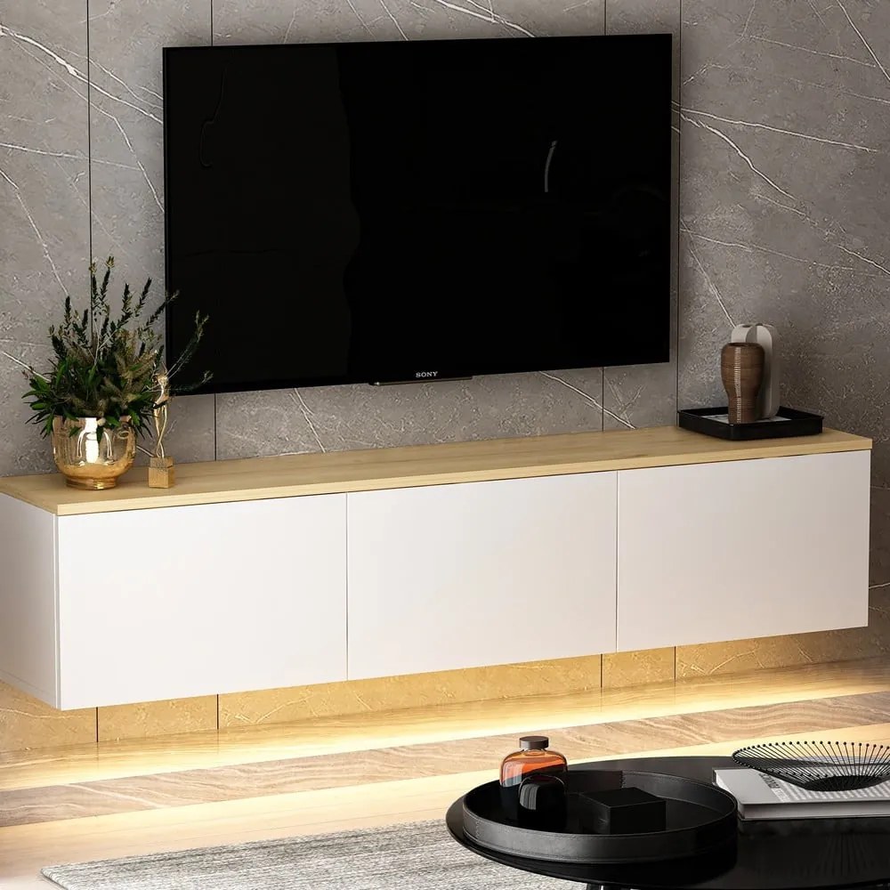 Comodă TV albă/în culoare naturală cu aspect de lemn de stejar 160x35x32 cm Neon – Kalune Design