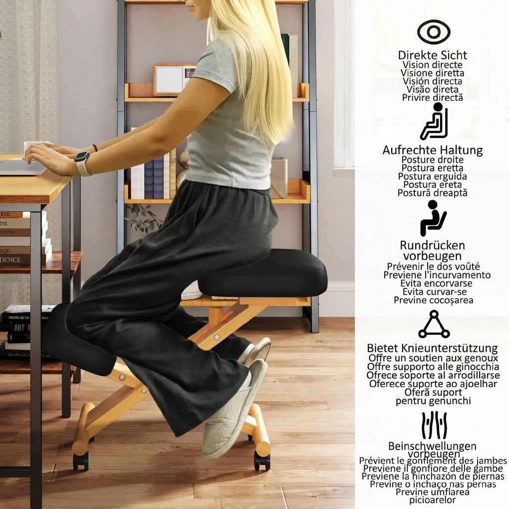 HOMCOM Scaun Ergonomic pentru Genunchi cu Înălțime Reglabilă din Lemn cu Rotile, 42x70x42-52 cm, Negru | Aosom Romania