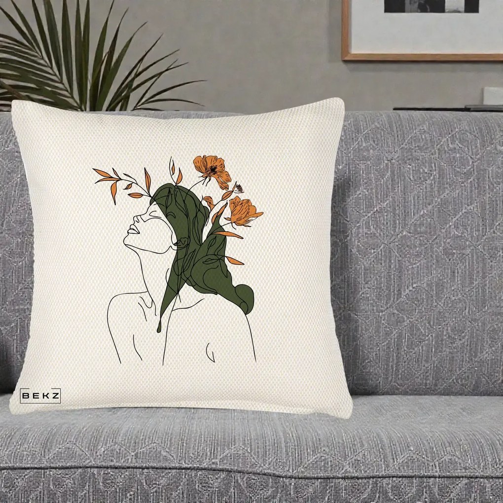 Perna Decorativa Portret Feminin Profil Flori Portocalii, 40x40 cm, Crem Reliefat, Husa Detasabila, Perna Inclusa, BEKZ®