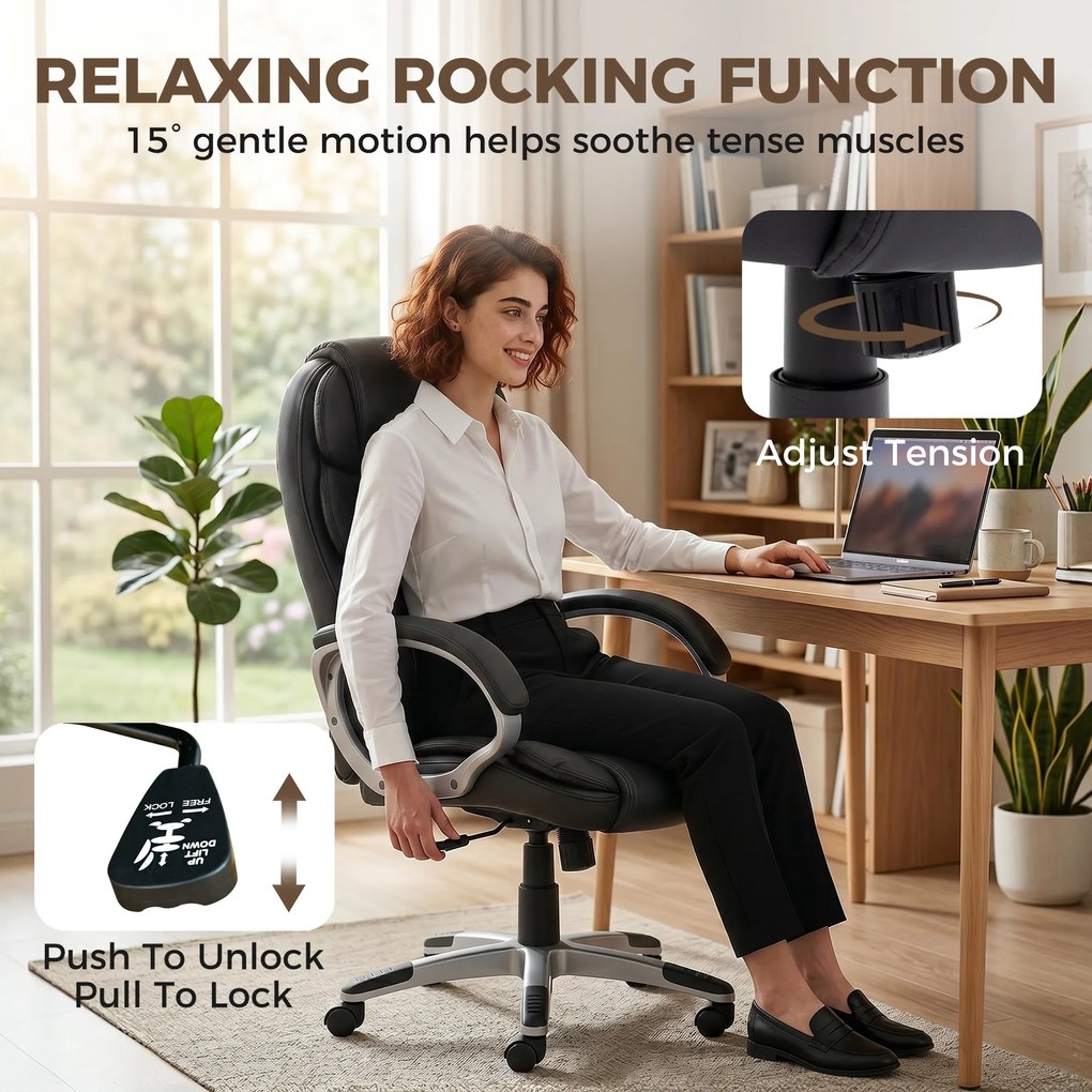 HOMCOM Scaun Birou Ergonomic Rotativ din Piele PU, Funcție Legănare, Înălțime Reglabilă, Capacitate 120kg, Negru | Aosom Romania