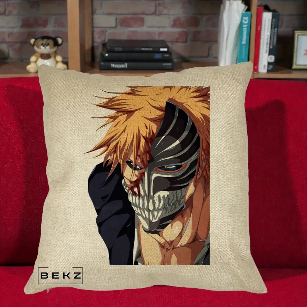 Perna Personalizata Bleach Ichigo Masca Hollow, 40x40 cm, Crem, Husa Detasabila, Perna Inclusa, BEKZ®