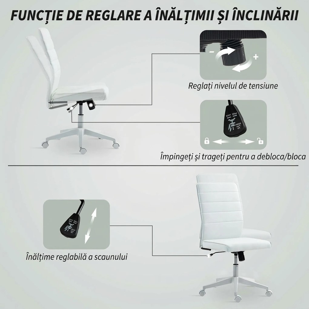 HOMCOM Scaun de Birou Ergonomic și Reglabil cu Spătar Curbat, din Piele PU și Oțel, 58x53x97-107 cm, Alb | Aosom Romania
