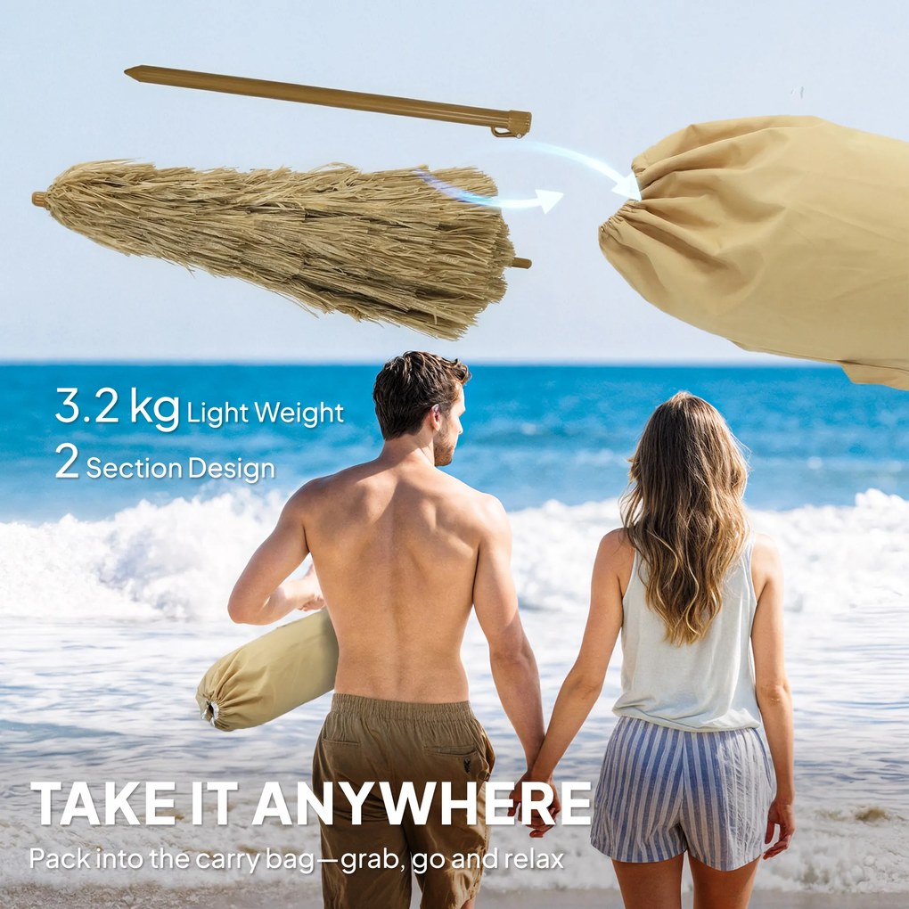 Outsunny Umbrelă de plajă cu franjuri din paie Ø178 cm cu înclinare înălțime reglabilă UV50+ husă de transport Maro Deschis | Aosom Romania