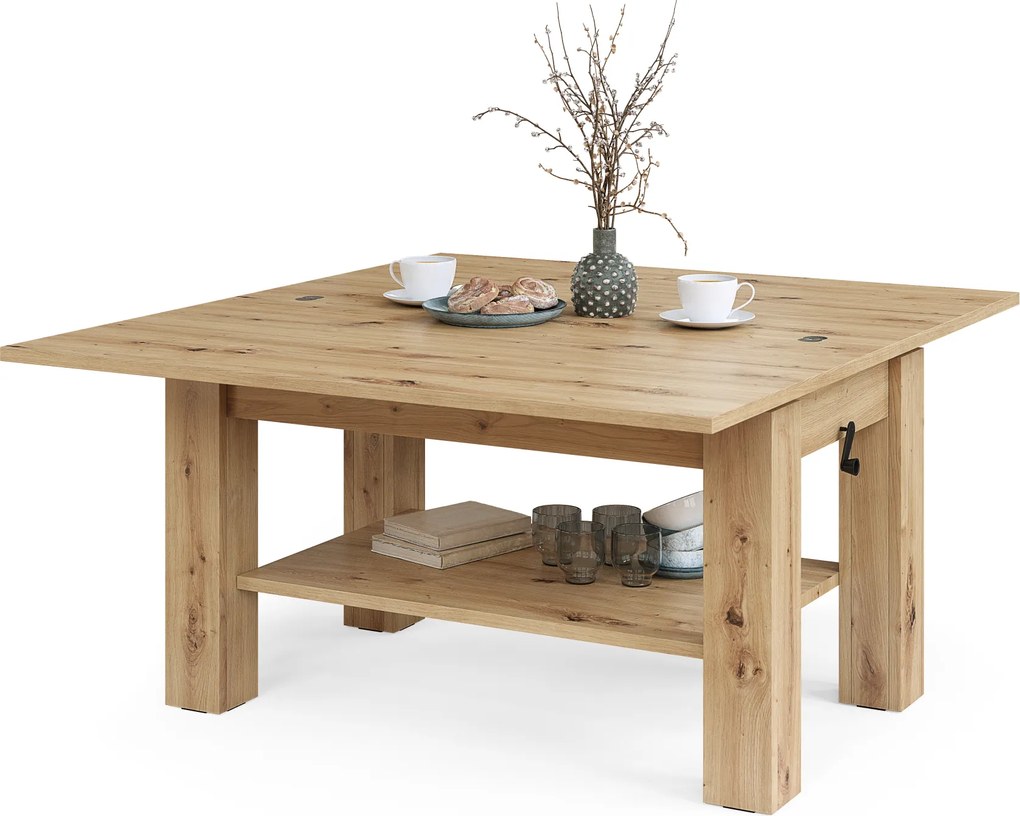 Mazzoni BRAWO Stejar Artisan - MĂSUȚĂ DE CAFEA CU BLAT EXTENSIBIL ȘI RIDICABIL MASĂ CU RAFT