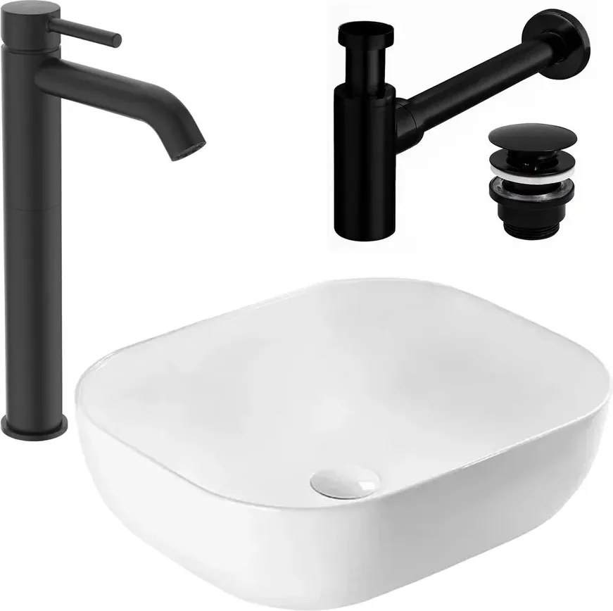 Pachet lavoar Rea Belinda alb si baterie lavoar Ideal Standard Ceraline negru si ventil lavoar universal negru