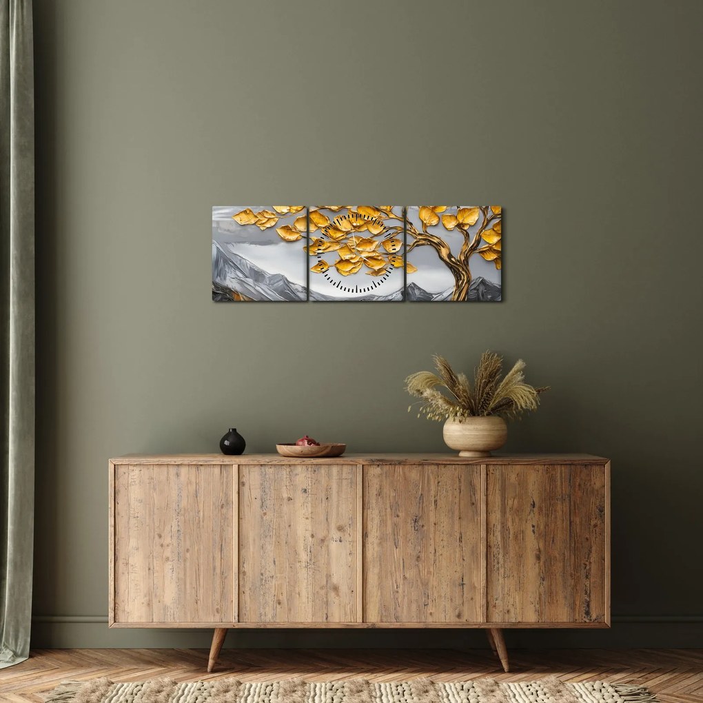 Tablou – Arbore cu frunze aurii (cu ceas) (90x30 cm)
