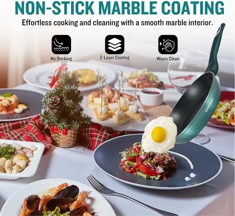 Set oale si tigai Herzberg HG-METBL15, 15 piese, Aluminiu 3003, Acoperire marmura, Capace din sticla, Inductie, Verde albastru