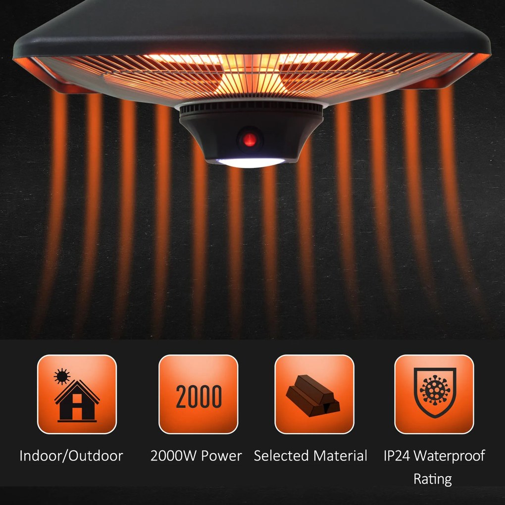 Lampa pentru Incalzire la Exterior cu Lumini LED, lampa pentru balcon, terasa Putere 1000/2000W si Telecomanda, 43x43x25cm Outsunny | Aosom RO