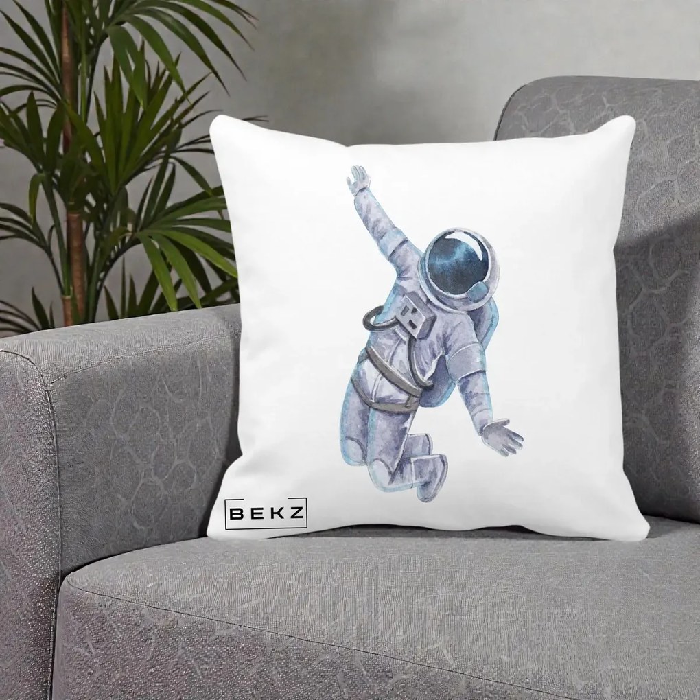 Perna Decorativa Astronaut Acuarela Zbor, 40x40 cm, Alba Mata, Husa Detasabila, Perna Inclusa, BEKZ®