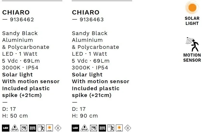 Stalp solar LED cu senzor de miscare IP54 CHIARO H-90cm