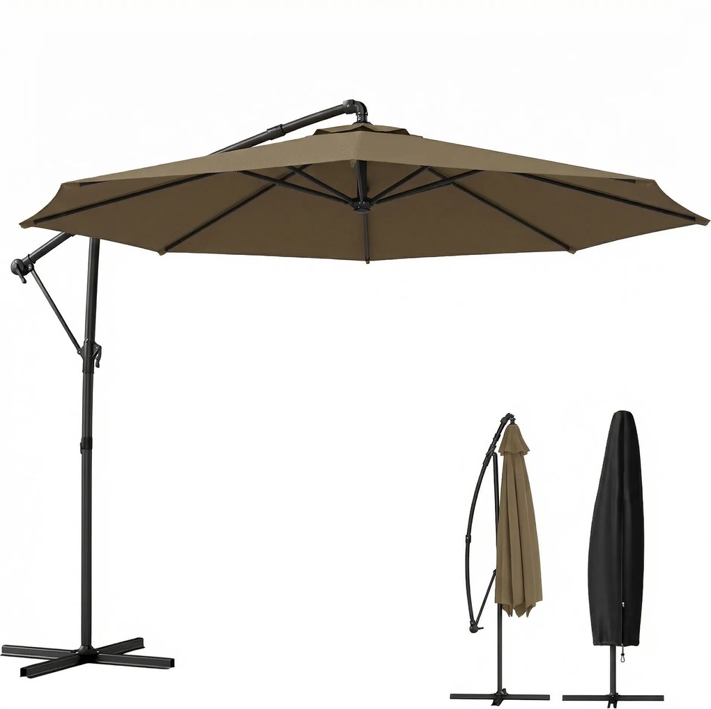 Outsunny Umbrelă laterală rotundă 3 m, umbrelă de grădină înclinabilă cu husă de protecție, poliester protecție UV UPF50+, Kaki | Aosom Romania