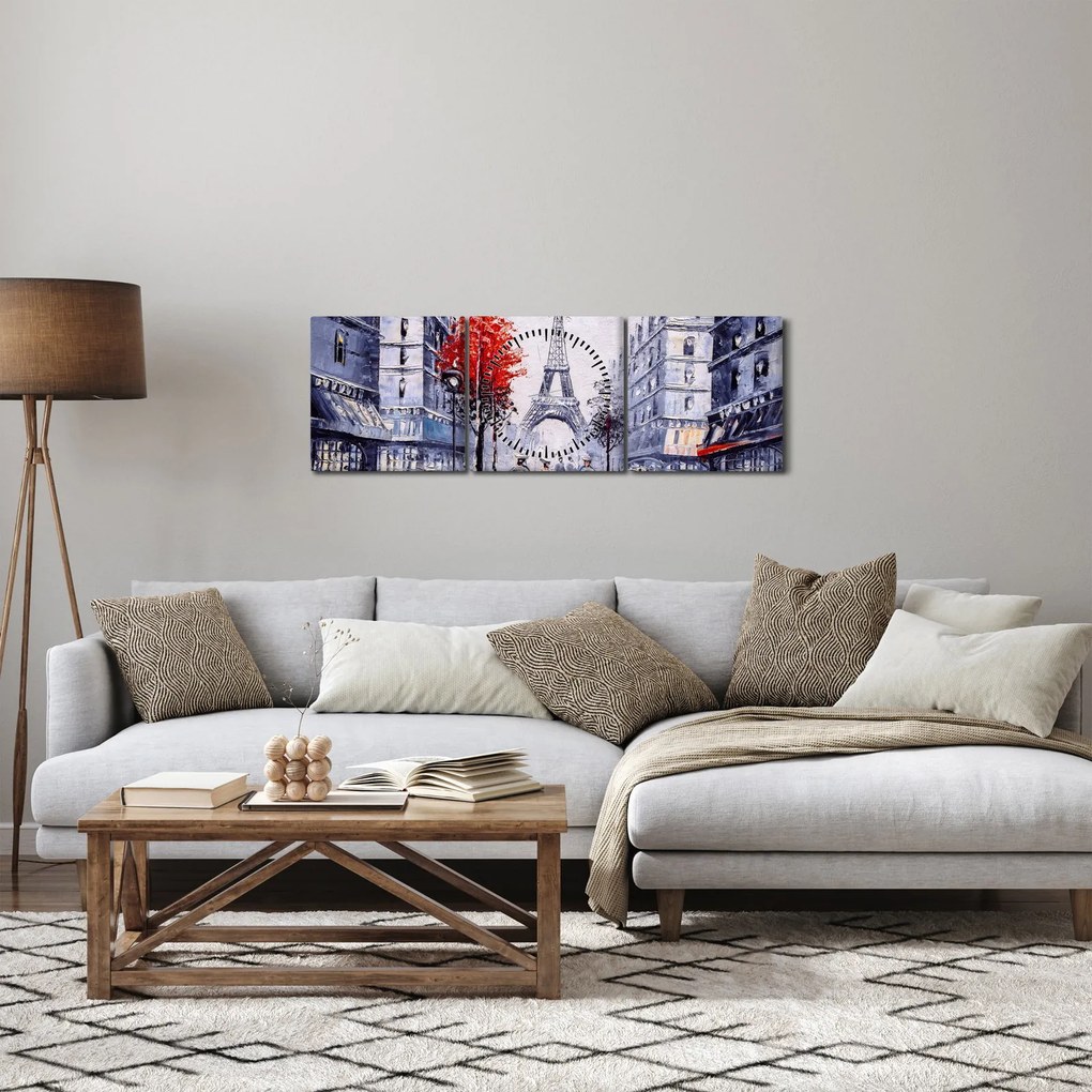 Tablou - Străzi din Paris, pictură în ulei (cu ceas) (90x30 cm)