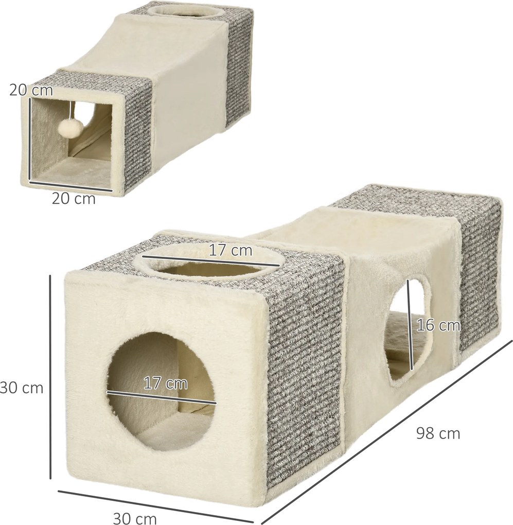 PawHut Tunel Pliabil pentru Pisici cu Căsuțe și Zgârâietori, Jucării cu Minge de Pluș și Sisal, 98x30x30 cm, Alb Crem | Aosom Romania