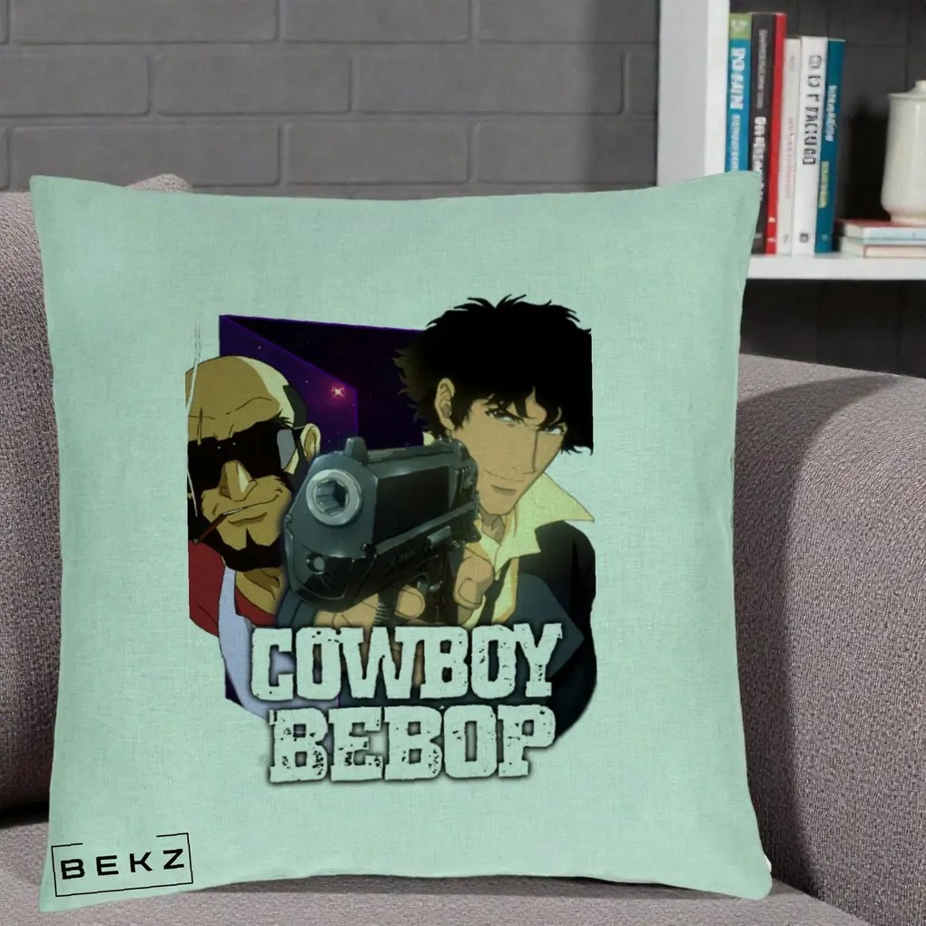 Perna Personalizata Cowboy Bebop Spike si Jet Poster, 40x40 cm, Verde Menta, Husa Detasabila, Perna Inclusa, BEKZ®