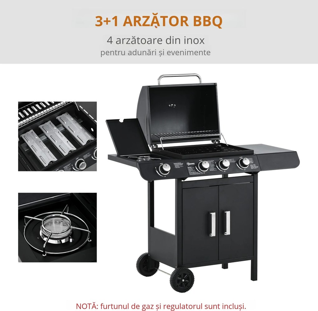 Gratar pe gaz Outsunny cu Capac si Termometru 110x50x100cm Negru | Aosom Romania