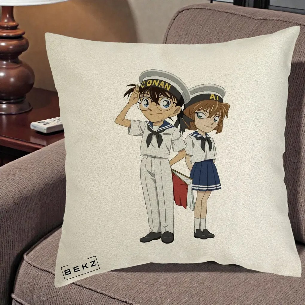 Perna Personalizata Detective Conan Conan si Ai Sailor, 40x40 cm, Ecru, Husa Detasabila, Perna Inclusa, BEKZ®