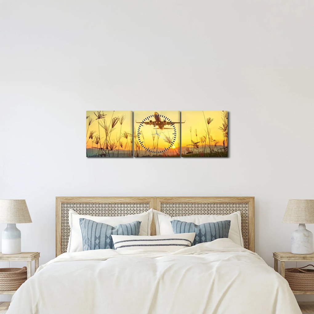 Tablou cu avion zburând (cu ceas) (90x30 cm)