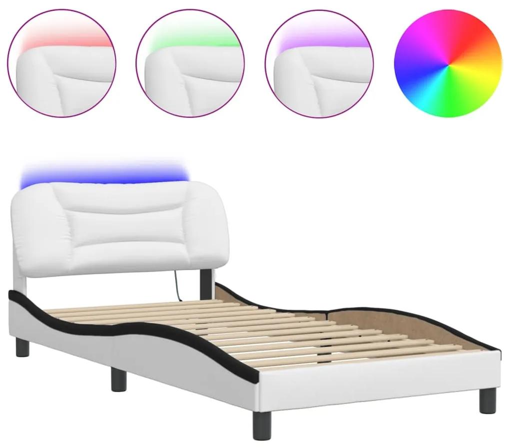 3213919 vidaXL Cadru de pat cu lumini LED alb/negru 100x200 cm piele ecologică