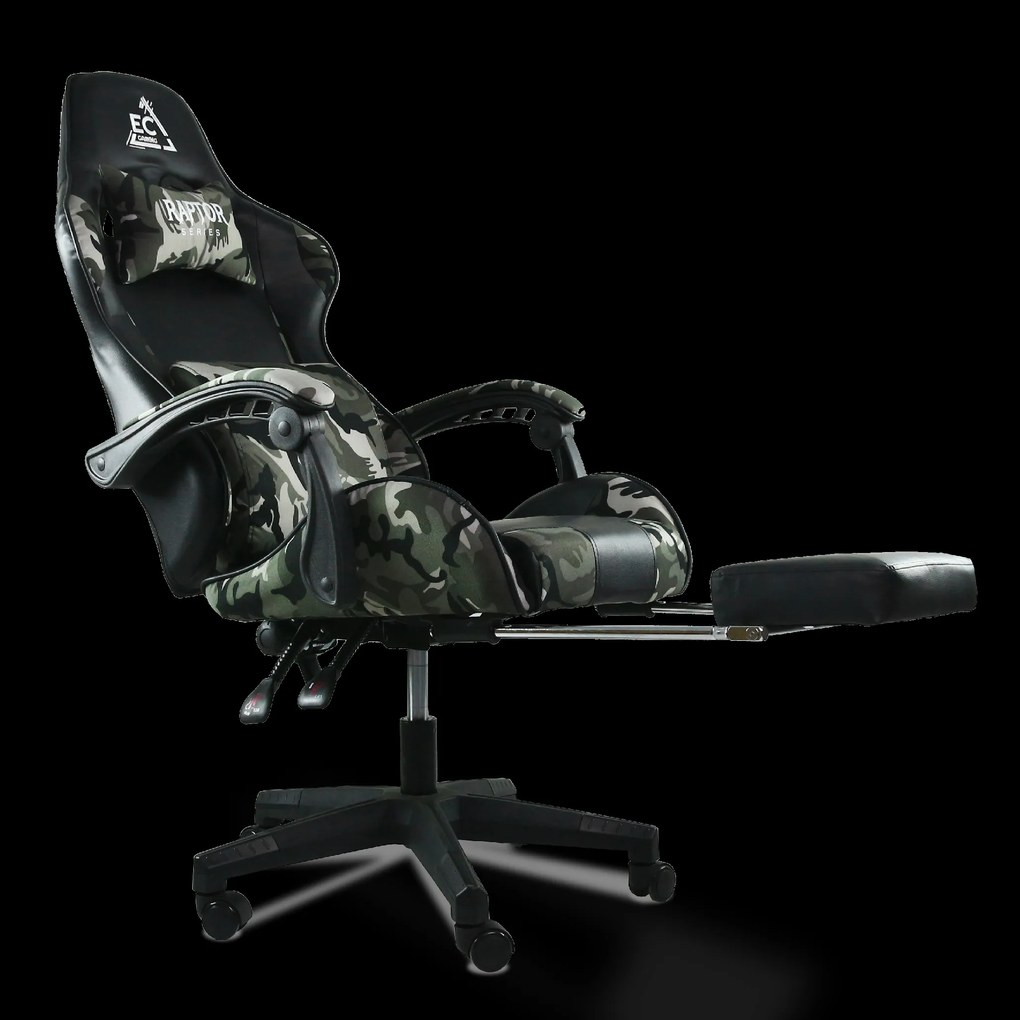 ShopJK SCAUN GAMING REGLABIL ECO - PIELE NEAGRĂ – CAMUFLAJ + PERNĂ DE MASAJ