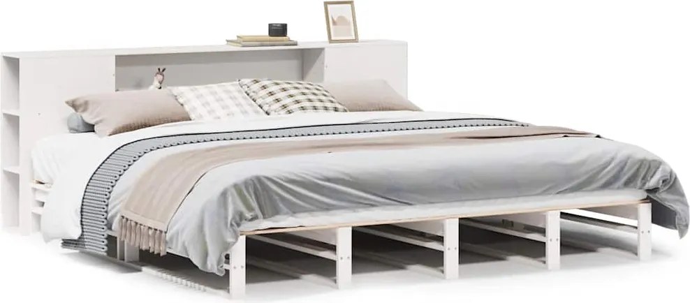 vidaXL Pat cu bibliotecă fără saltea, alb, 200x200 cm, lemn masiv