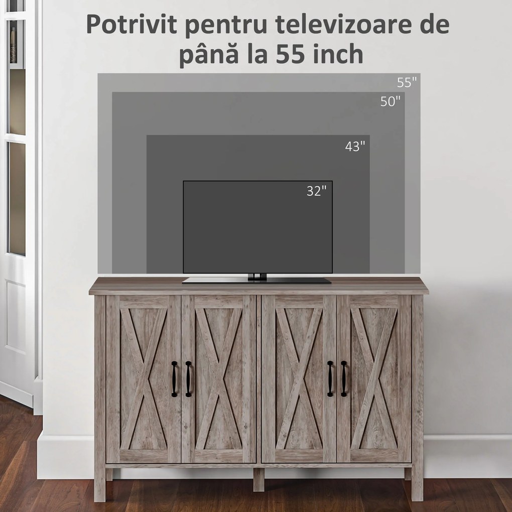 HOMCOM Dulap în Stil Rustic cu 2 Rafturi Reglabile pentru Depozitare, Dulap pentru TV cu 4 Uși, 120x37x75 cm, Gri | Aosom Romania