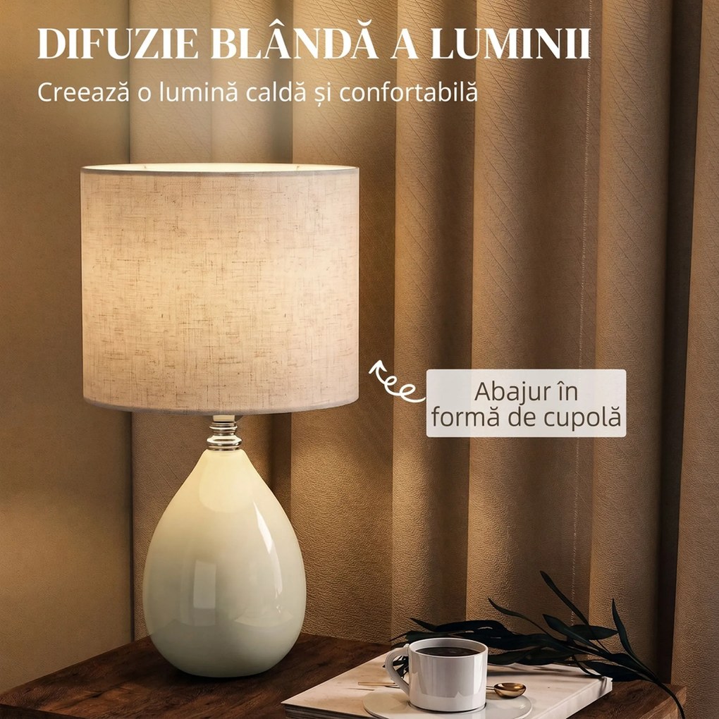 HOMCOM Lampă de masă din ceramică, cu abajur textil aspect in, E27, întrerupător basculant, pentru dormitor, crem | Aosom Romania