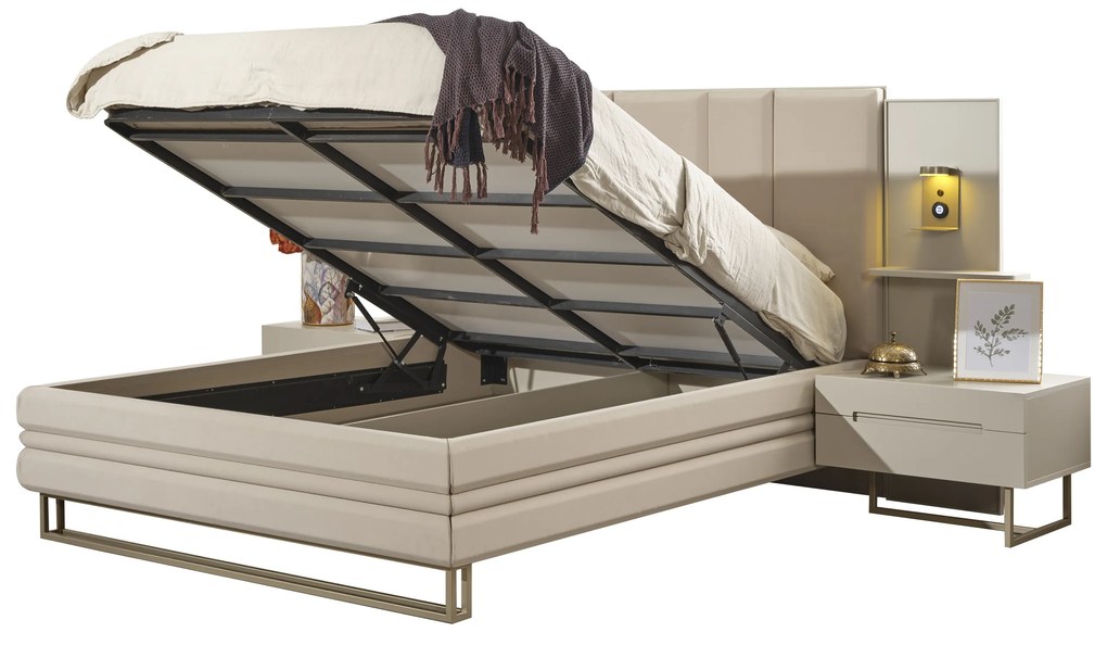 Set dormitor cu pat, noptiere, dulap, comoda din mdf crem si picioare metalice - riva