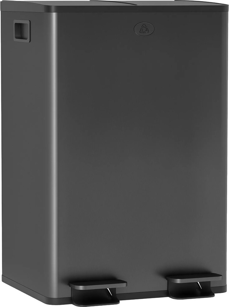 HOMCOM Coș de bucătărie 2 compartimente de 2 x 28L, oțel inoxidabil, capac cu închidere silențioasă, 45,8x36x67,6cm, negru | Aosom Romania