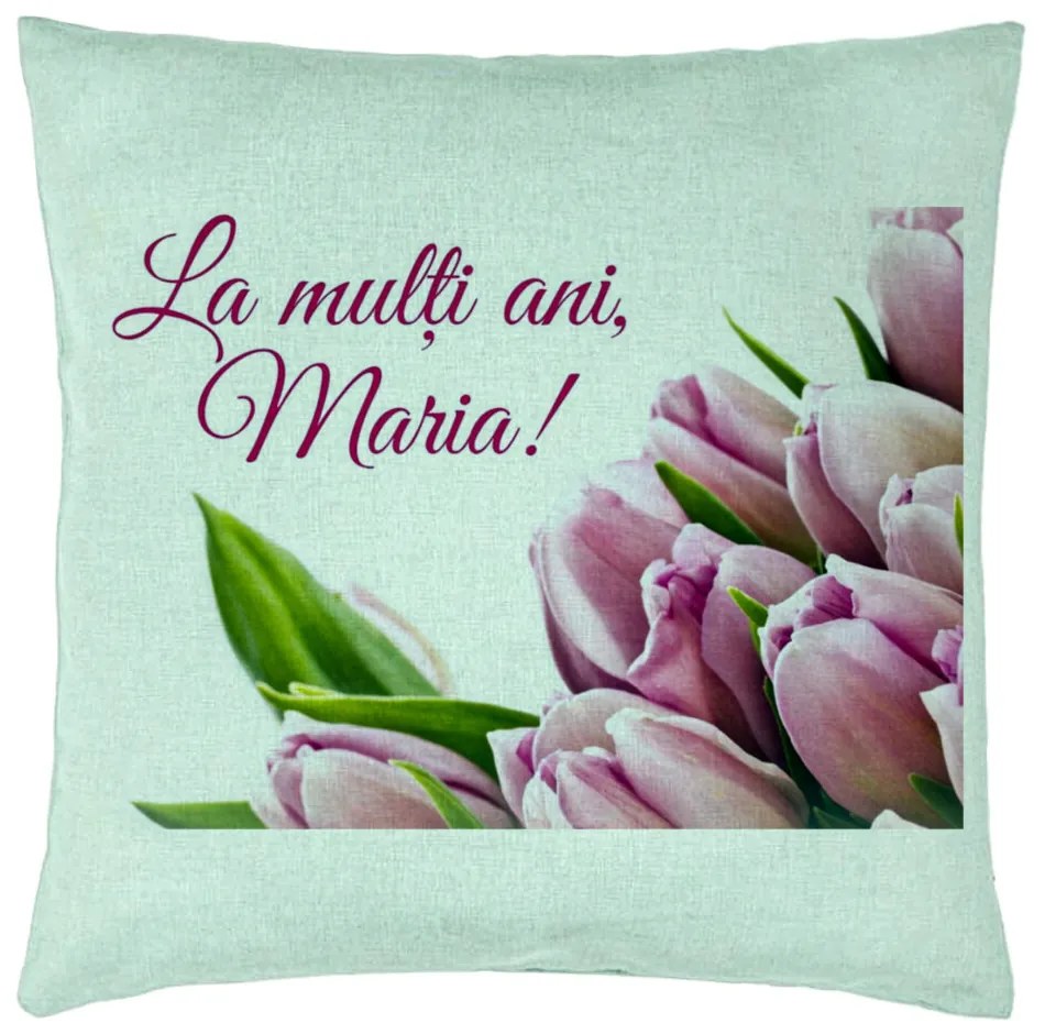 Perna Decorativa, Model La multi ani Maria, 40x40 cm, Verde Menta, Husa Detasabila, Burduf